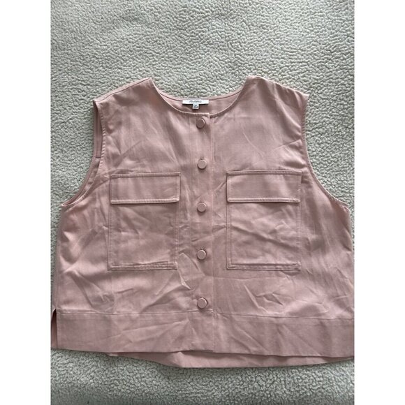 Madewell Crop Cargo Pocket Crewneck Top Womens Pale Blush Button Up Boxy Sz XL - Picture 5 of 11